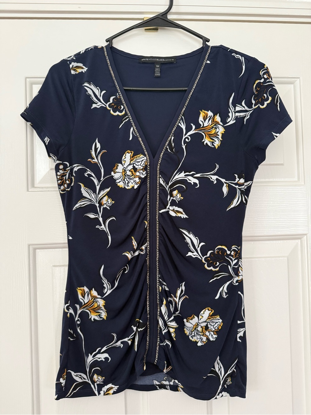 White House Black Market Navy Floral Twist-Front V-Neck Top - Picture 2 of 4